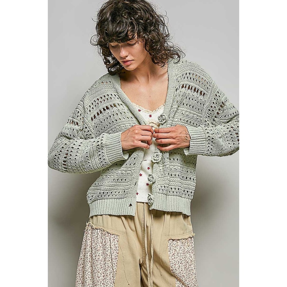 POL Open-Knit Floral‎ Button Cardigan - Large